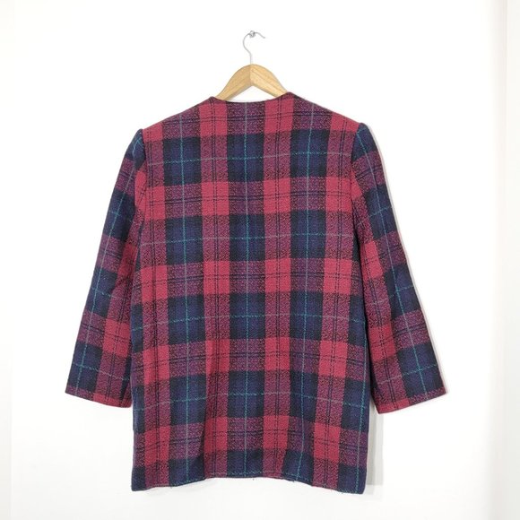 Vintage Oversized Wool Red Plaid Blazer 80's 3/4 sleeve Blazer Gold Buttons - Picture 7 of 16